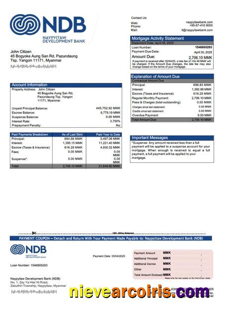 Myanmar Naypyitaw Development Bank (NDB) mortgage statement Word and PDF template